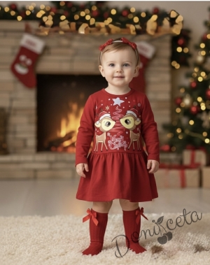Леко ватирна коледна детска рокля с дълъг ръкав със сърнички