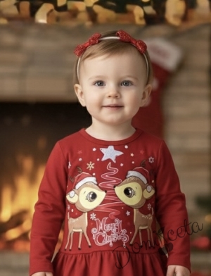 Леко ватирна коледна детска рокля с дълъг ръкав със сърнички