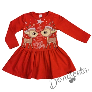 Леко ватирна коледна детска рокля с дълъг ръкав със сърнички