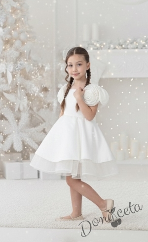Детска официална рокля в бяло с 3D цветя, тюл и аксесоар за коса Тифани от колекция Снежина