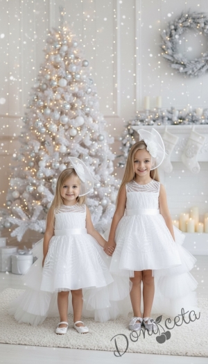 Официална детска рокля в бяло с шлейф на харбали Василиса с аксесоар за коса