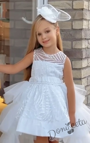 Официална детска рокля в бяло с шлейф на харбали Василиса с аксесоар за коса