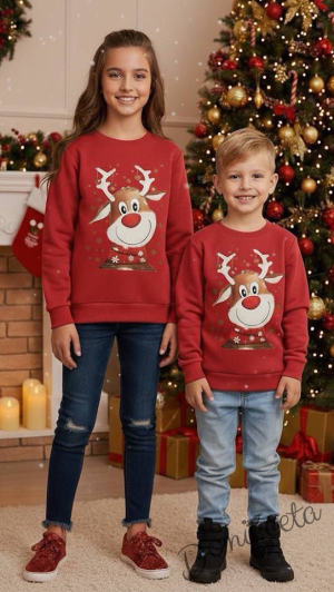 Детска, дамска или мъжка коледна тройно ватирана блуза Звън с еленче с шалче в червено 