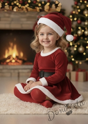 Детска коледна плюшена рокля в червено с колан и коледна шапка