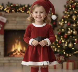 Детска коледна плюшена рокля в червено с колан и коледна шапка