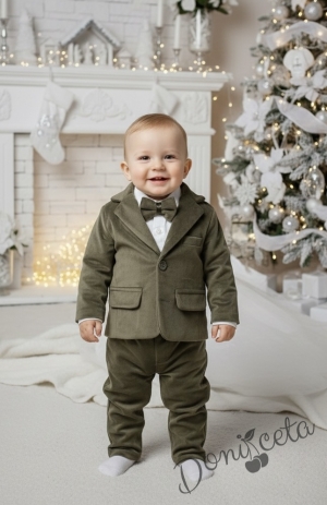 Бебешки елегантен костюм плюш за момче от 4 части в зеленикаво кафяво боди-риза в бяло, сако , панталон и папийонка