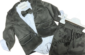 Бебешки елегантен костюм плюш за момче от 4 части в зеленикаво кафяво боди-риза в бяло, сако , панталон и папийонка