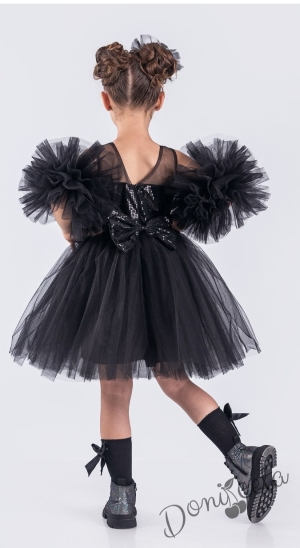 Детска официална рокля Блян с тюл, с пайети, помпони в черно и панделка за коса2