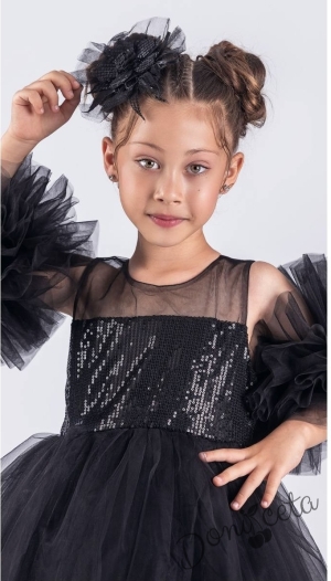 Детска официална рокля Блян с тюл, с пайети, помпони в черно и панделка за коса3