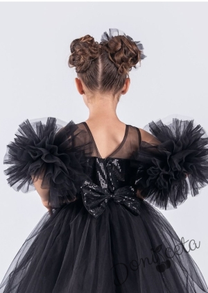 Детска официална рокля Блян с тюл, с пайети, помпони в черно и панделка за коса5