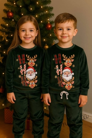Детски коледен комплект за момиче/момче от плюшена блуза с коледни мотиви и надпис и плюшени панталонки в зелено