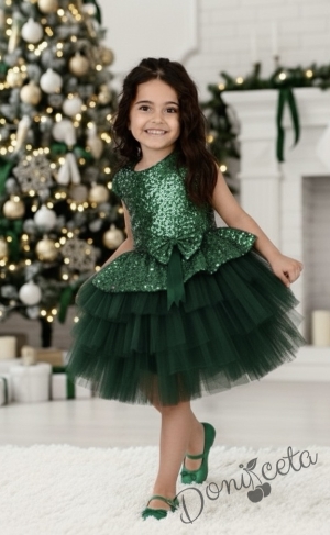 Детска официална рокля в зелено от пайети с тюл на пластове Валериа