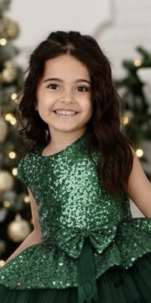 Детска официална рокля в зелено от пайети с тюл на пластове Валериа