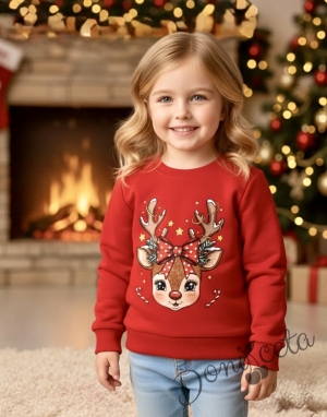 Коледна ватирана блуза Звънчо с еленче в червено с рогца