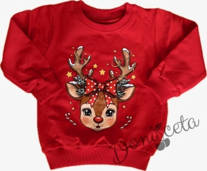 Коледна ватирана блуза Звънчо с еленче в червено с рогца