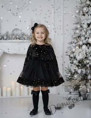 Детска рокля от плюш със звездички в златисто и тюл в черно с дълъг ръкав