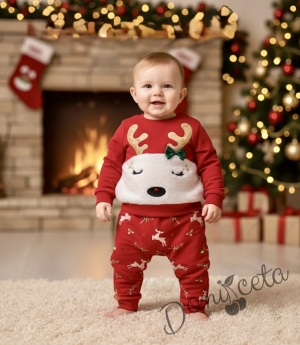 Коледен комплект от блузка с елен и панталони в червено с еленчета