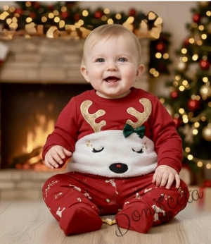 Коледен комплект от блузка с елен и панталони в червено с еленчета