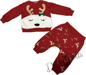 Коледен комплект от блузка с елен и панталони в червено с еленчета