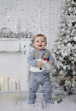 Коледен комплект от блуза с елен и панталони в сиво