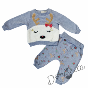 Коледен комплект от блуза с елен и панталони в сиво