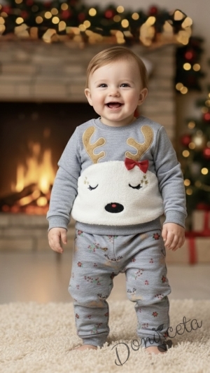 Коледен комплект от блуза с елен и панталони в сиво