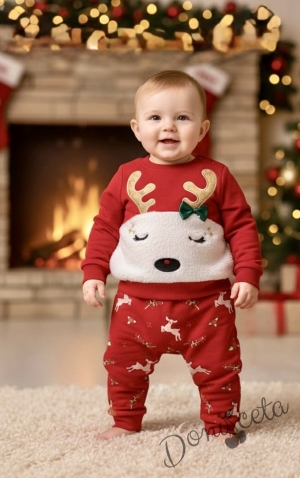 Коледен комплект от блузка с елен и панталони в червено с еленчета