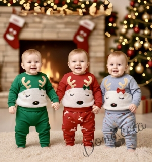 Коледен комплект от блузка с елен и панталони в червено с еленчета