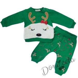 Коледен комплект от блуза с елен и панталони в зелено