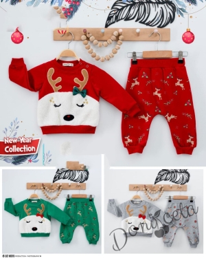 Коледен комплект от блуза с елен и панталони в зелено