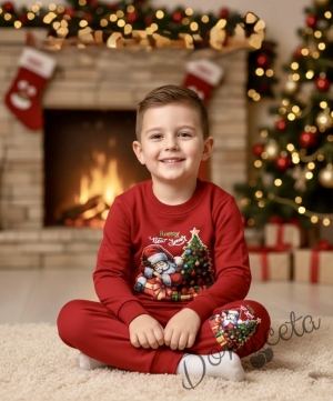 Ватиран коледен комплект в червено с картинка на Дядо Коледа с елха и надпис