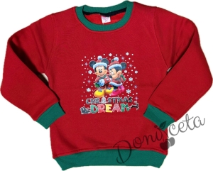 Коледна ватирана блуза за момиче в червено с дълъг ръкав с коледни мотиви с Мини и Мики