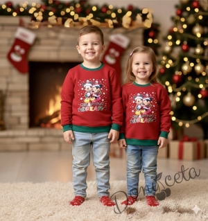 Коледна ватирана блуза за момиче в червено с дълъг ръкав с коледни мотиви с Мини и Мики