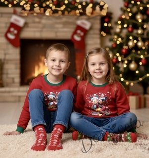 Коледна ватирана блуза за момиче в червено с дълъг ръкав с коледни мотиви с Мини и Мики