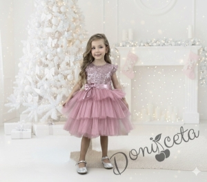 Празнична официална рокля момиче Хава в пепел от рози от пайети и тюл на 3 пласта и панделка
