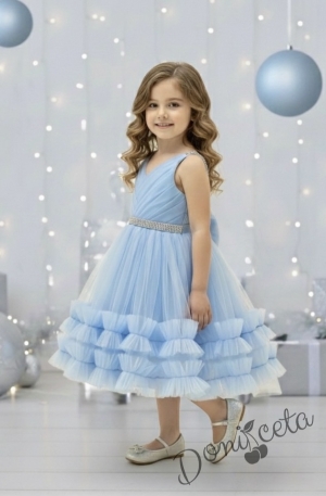 Официална детска/бебешка рокля в светлосиньо с тюл и панделка Тиана