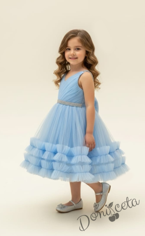 Интересна официална детска/бебешка рокля в светлосиньо с тюл и панделка Тиана 1