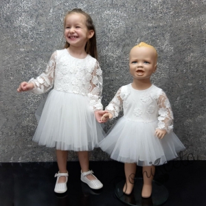 Официална детска рокля с дълъг ръкав в бяло с дантела и тюл  Анисия