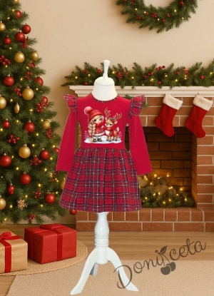 Детска коледна рокля с дълъг ръкав в червено с каре в долната част и картинка на момиченце Карена
