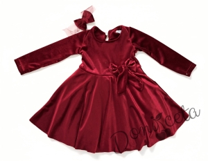 Детска плюшена коледна рокля клош в червено с панделка Елиса и фиба за коса