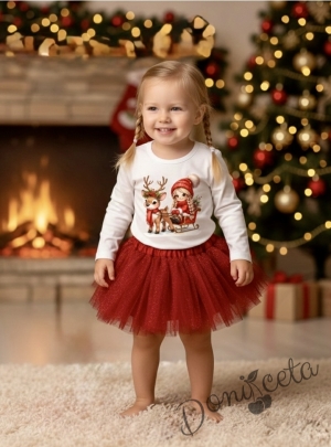 Комплект за момиче от 2 части-пола от бляскъв  тюл в червено и блуза с дълъг ръкав в бяло с момиченце