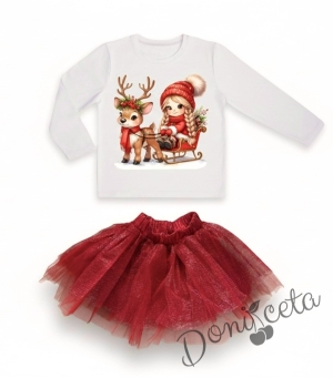 Комплект за момиче от 2 части-пола от бляскъв  тюл в червено и блуза с дълъг ръкав в бяло с момиченце