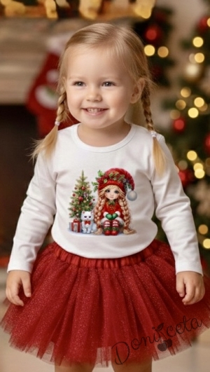 Комплект за момиче от 2 части-пола от бляскъв  тюл в червено и блуза с дълъг ръкав в бяло с момиченце с елха