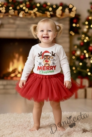 Комплект за момиче от 2 части-пола от бляскъв  тюл в червено и блуза с дълъг ръкав в бяло с еленче и надпис