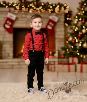 Комплект от риза в червено, панталон в черно и тиранти