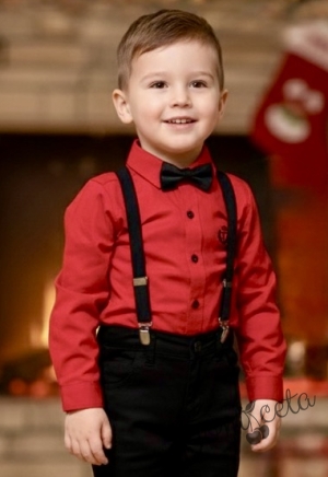 Комплект от риза в червено, панталон в черно и тиранти