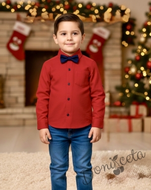 Официална детска риза с дълъг ръкав в червено с папийонка в тъмносиньо