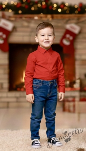 Детска изчистена риза в червено с дълъг ръкав за момче с 