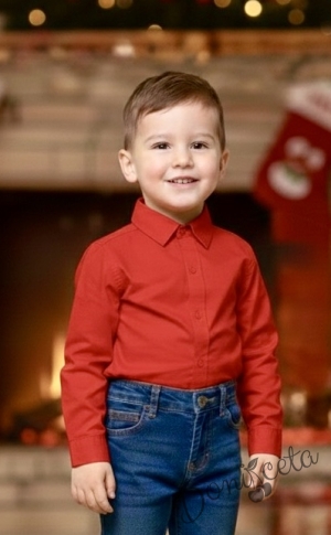 Детска изчистена риза в червено с дълъг ръкав за момче 