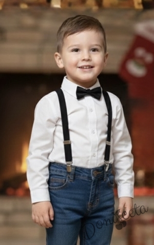 Официална детска риза с дълъг ръкав в бяло с папийонка и тиранти в черно